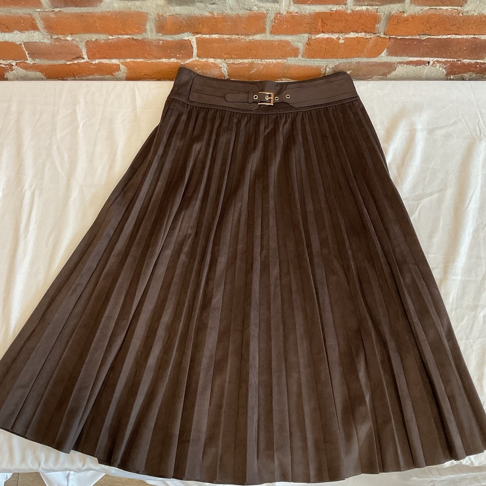 Soft Surroundings Lavina Faux Suede Pleated Stretch Skirt Belted Dark Brown S - Picture 15 of 16